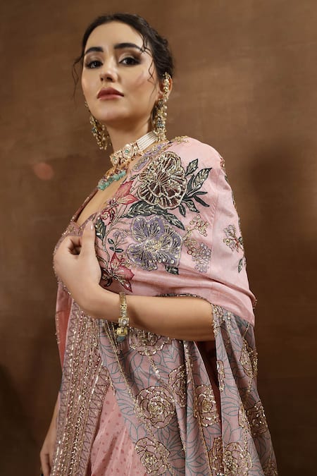 Miku Kumar_Pink Georgette, Tissue Embroidery, Sequins, Zari Nerina Cape Lehenga Set _Online_at_Aza_Fashions