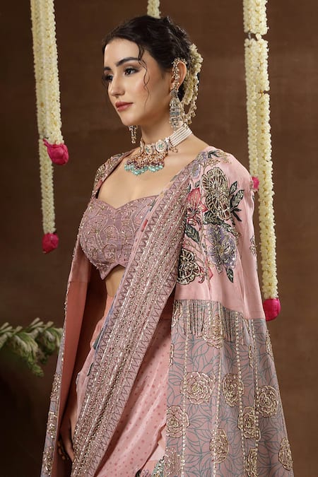 Shop_Miku Kumar_Pink Georgette, Tissue Embroidery, Sequins, Zari Nerina Cape Lehenga Set _Online_at_Aza_Fashions