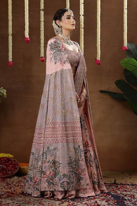 Miku Kumar_Pink Georgette, Tissue Embroidery, Sequins, Zari Nerina Cape Lehenga Set _at_Aza_Fashions