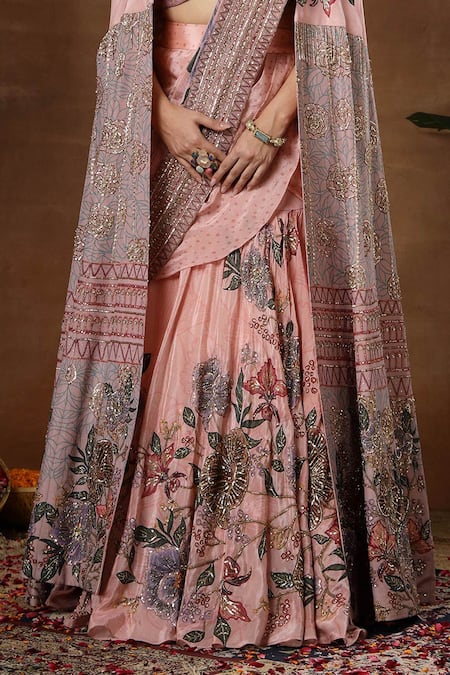 Buy_Miku Kumar_Pink Georgette, Tissue Embroidery, Sequins, Zari Nerina Cape Lehenga Set 