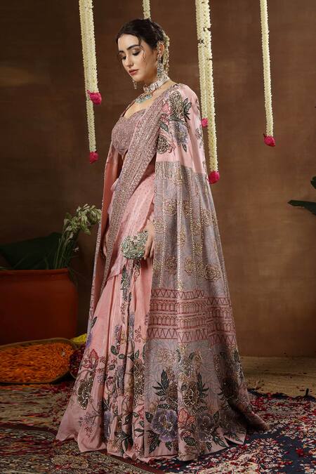 Shop_Miku Kumar_Pink Georgette, Tissue Embroidery, Sequins, Zari Nerina Cape Lehenga Set 