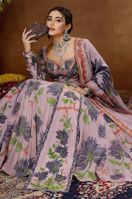 Miku Kumar_Purple Georgette, Tissue Embroidery, Zinnia Floral Print Anarkali Lehenga Set _Online_at_Aza_Fashions