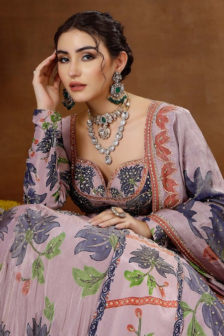 Buy_Miku Kumar_Purple Georgette, Tissue Embroidery, Zinnia Floral Print Anarkali Lehenga Set _Online_at_Aza_Fashions