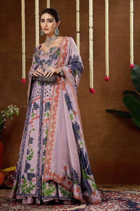 Shop_Miku Kumar_Purple Georgette, Tissue Embroidery, Zinnia Floral Print Anarkali Lehenga Set _Online_at_Aza_Fashions