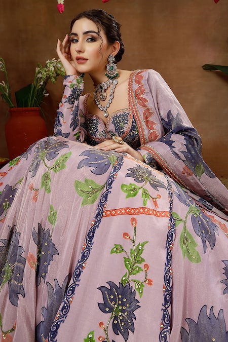 Miku Kumar_Purple Georgette, Tissue Embroidery, Zinnia Floral Print Anarkali Lehenga Set _at_Aza_Fashions