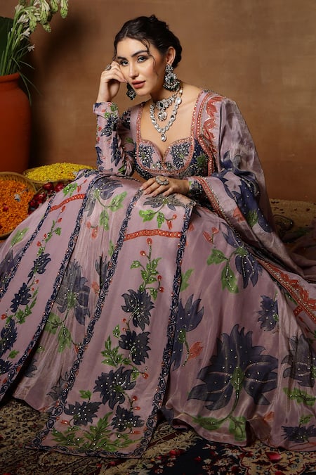 Buy_Miku Kumar_Purple Georgette, Tissue Embroidery, Zinnia Floral Print Anarkali Lehenga Set 