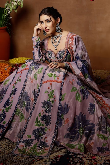 Shop_Miku Kumar_Purple Georgette, Tissue Embroidery, Zinnia Floral Print Anarkali Lehenga Set 