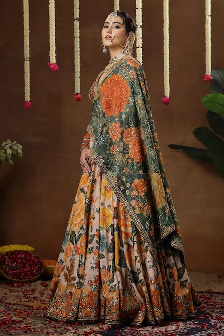 Miku Kumar_Multi Color Georgette, Tissue Embroidery, Metallic Olia Floral Print Lehenga Set _Online_at_Aza_Fashions