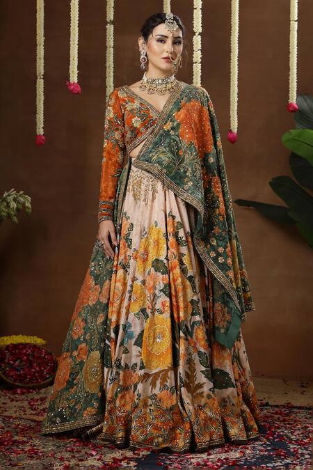 Buy_Miku Kumar_Multi Color Georgette, Tissue Embroidery, Metallic Olia Floral Print Lehenga Set 