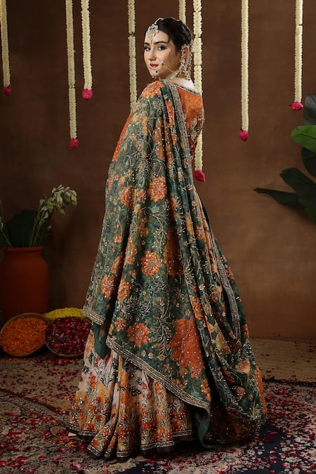 Shop_Miku Kumar_Multi Color Georgette, Tissue Embroidery, Metallic Olia Floral Print Lehenga Set 