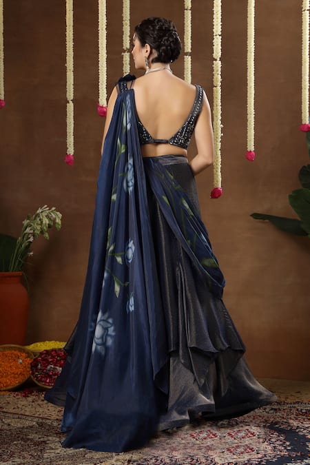 Miku Kumar_Blue Georgette, Tissue Zuri Layered Pre-draped Lehenga Saree Set With Cape _Online_at_Aza_Fashions