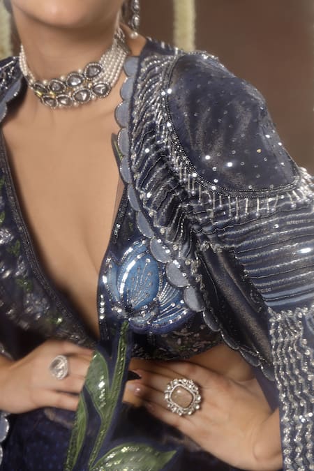 Buy_Miku Kumar_Blue Georgette, Tissue Zuri Layered Pre-draped Lehenga Saree Set With Cape _Online_at_Aza_Fashions