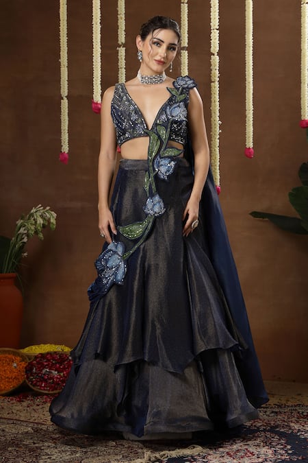 Shop_Miku Kumar_Blue Georgette, Tissue Zuri Layered Pre-draped Lehenga Saree Set With Cape _Online_at_Aza_Fashions