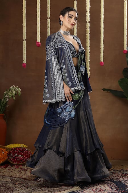 Buy_Miku Kumar_Blue Georgette, Tissue Zuri Layered Pre-draped Lehenga Saree Set With Cape 
