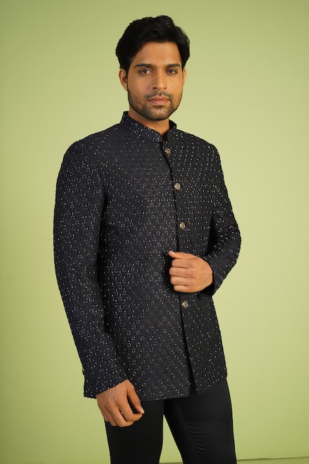 Millionaire_Blue Silk Embroidery French Knot Salli Work Jodhpuri And Trouser Set_Online_at_Aza_Fashions