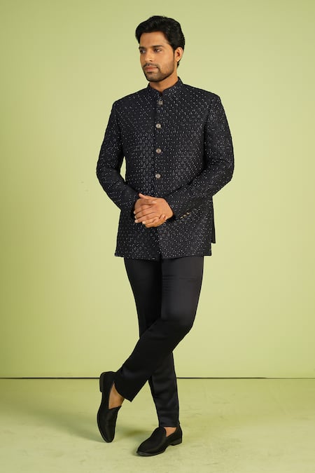 Buy_Millionaire_Blue Silk Embroidery French Knot Salli Work Jodhpuri And Trouser Set_Online_at_Aza_Fashions