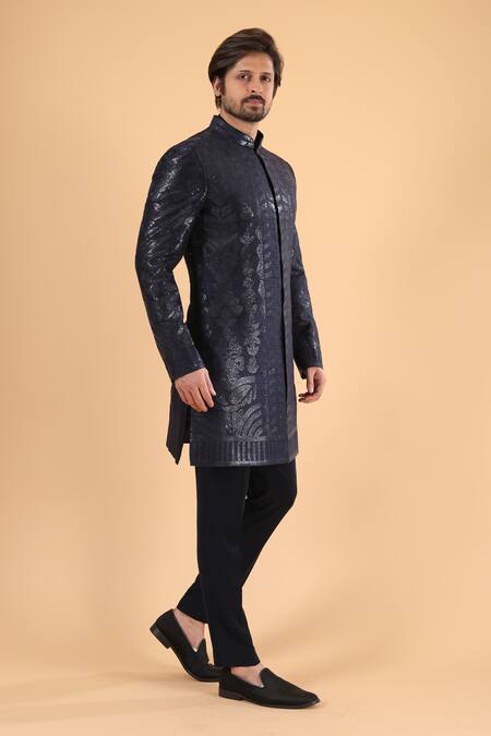 Millionaire_Blue Silk Embroidery, Sequins Tiki And Threadwork Sherwani With Trouser _Online_at_Aza_Fashions