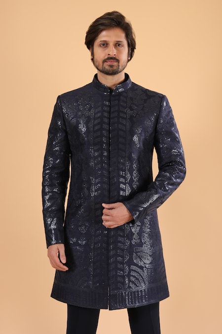 Shop_Millionaire_Blue Silk Embroidery, Sequins Tiki And Threadwork Sherwani With Trouser _Online_at_Aza_Fashions