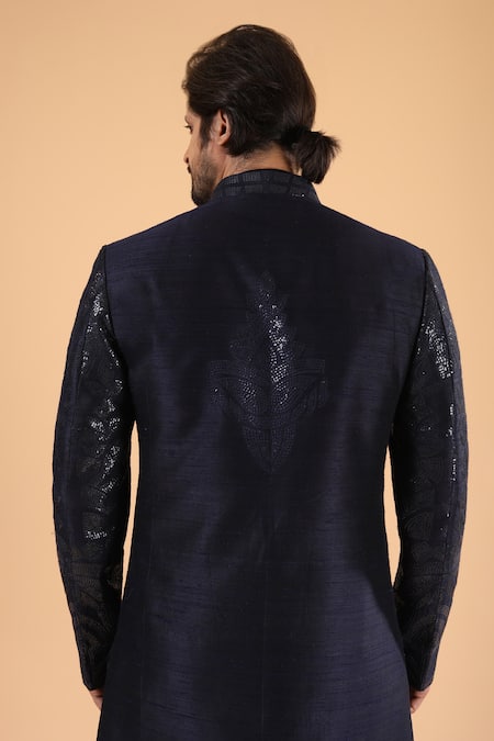 Buy_Millionaire_Blue Silk Embroidery, Sequins Tiki And Threadwork Sherwani With Trouser 