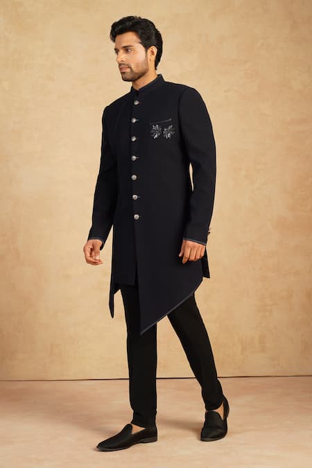 Millionaire_Blue Beads Marble Finish Sherwani And Trouser Set _Online_at_Aza_Fashions