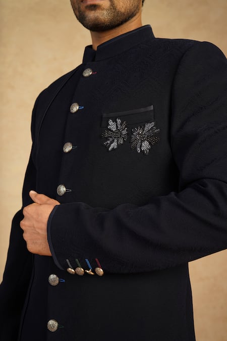 Shop_Millionaire_Blue Beads Marble Finish Sherwani And Trouser Set _Online_at_Aza_Fashions