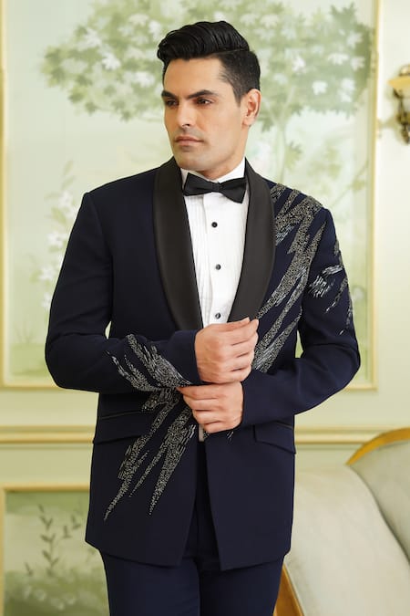 Millionaire_Blue Viscose, Polyester Metallic Thread, Beads Salli Hand Work Tuxedo Suit Set _Online_at_Aza_Fashions