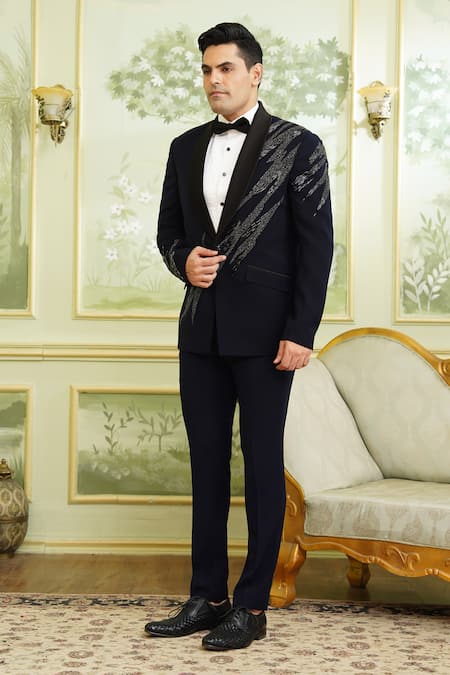 Shop_Millionaire_Blue Viscose, Polyester Metallic Thread, Beads Salli Hand Work Tuxedo Suit Set _Online_at_Aza_Fashions