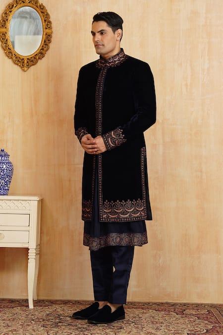 Millionaire_Blue Velvet, Modal, Satin Embroidery Sherwani Set _Online_at_Aza_Fashions