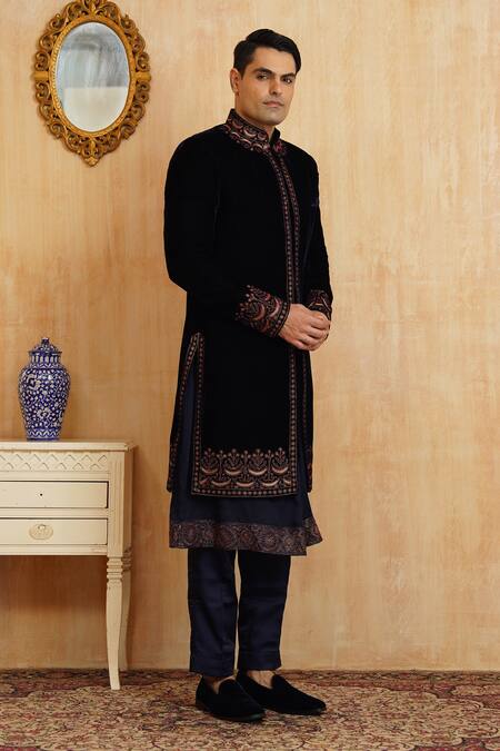 Buy_Millionaire_Blue Velvet, Modal, Satin Embroidery Sherwani Set _Online_at_Aza_Fashions