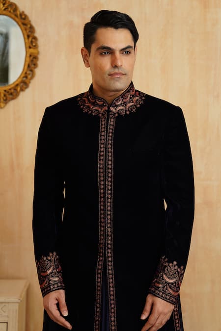 Millionaire_Blue Velvet, Modal, Satin Embroidery Sherwani Set _at_Aza_Fashions
