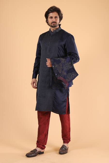 Millionaire_Navy Dupion, Silk Embroidery Cutdana And Thread Work Bundi Kurta Set _Online_at_Aza_Fashions