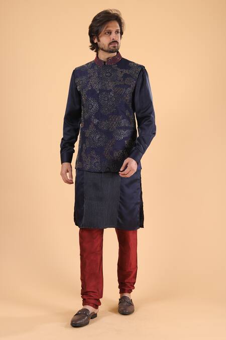 Buy_Millionaire_Navy Dupion, Silk Embroidery Cutdana And Thread Work Bundi Kurta Set 