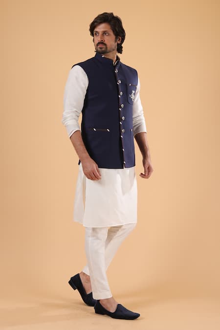 Millionaire_Navy Linen, Silk Embroidery, Metallic Thread Kasab Work Bundi Kurta Set _Online_at_Aza_Fashions