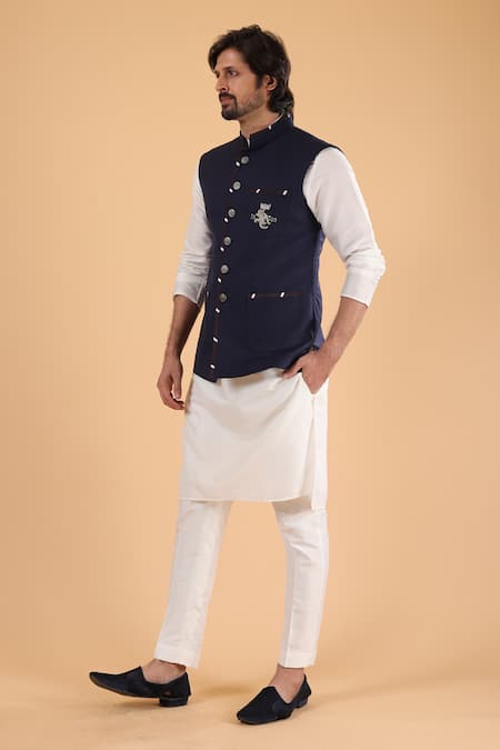 Buy_Millionaire_Navy Linen, Silk Embroidery, Metallic Thread Kasab Work Bundi Kurta Set _Online_at_Aza_Fashions