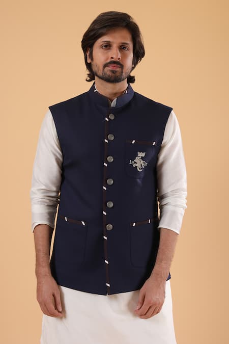 Millionaire_Navy Linen, Silk Embroidery, Metallic Thread Kasab Work Bundi Kurta Set _at_Aza_Fashions