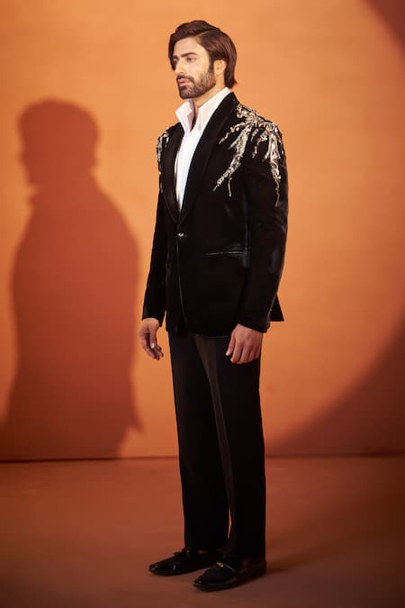 Buy Millionaire Black Velvet, Suiting Embroidery, Stones Tuxedo And Trouser Set Online at Aza Fashions Buy_Millionaire_Black Velvet, Suiting Embroidery, Stones Tuxedo And Trouser Set _Online_at_Aza_Fashions