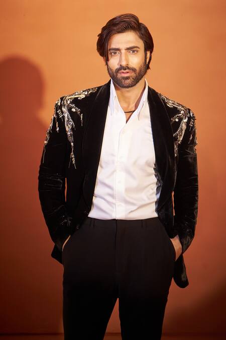 Millionaire Black Velvet, Suiting Embroidery, Stones Tuxedo And Trouser Set at Aza Fashions Millionaire_Black Velvet, Suiting Embroidery, Stones Tuxedo And Trouser Set _at_Aza_Fashions