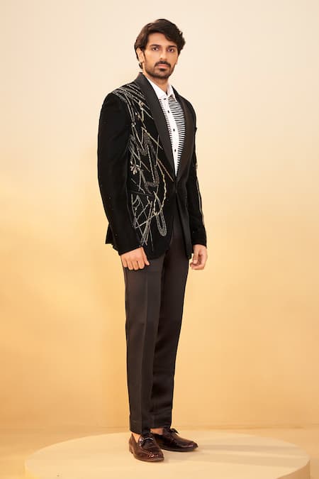 Millionaire_Black Velvet Embroidery, Pearls Metallic And Cut Suit Set _Online_at_Aza_Fashions