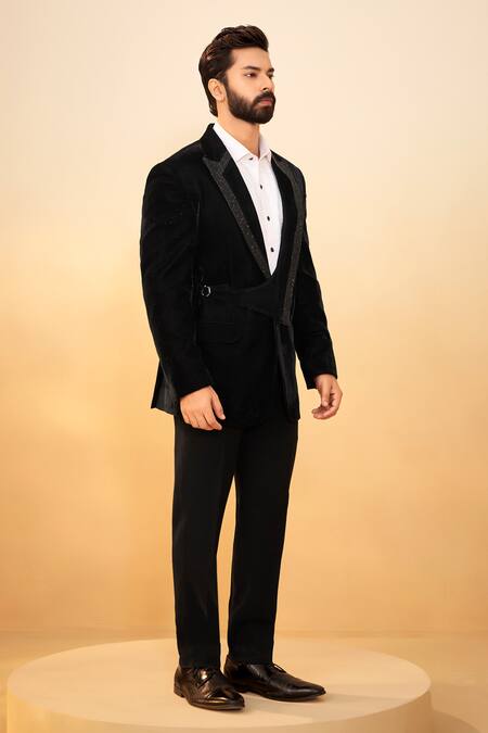 Millionaire Black Velvet Embroidery, Zari, Metallic Thread Suit And Trouser Set Online at Aza Fashions Millionaire_Black Velvet Embroidery, Zari, Metallic Thread Suit And Trouser Set _Online_at_Aza_Fashions