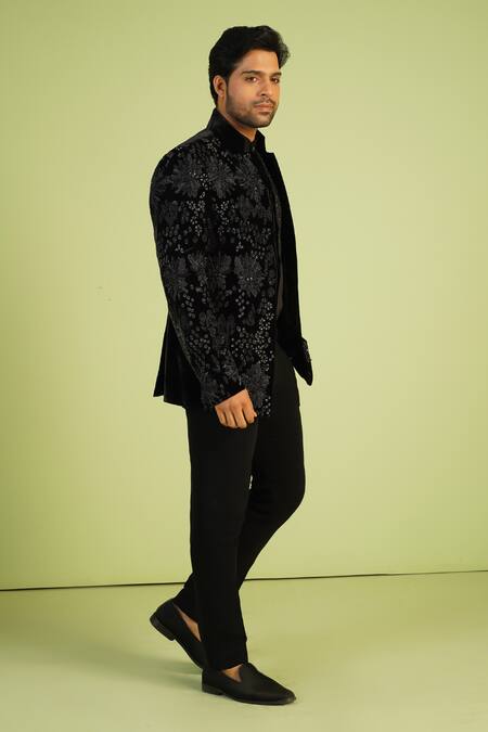 Buy_Millionaire_Black Velvet, Suiting Beads, Stones Embroidered Bandhgala Set _Online_at_Aza_Fashions