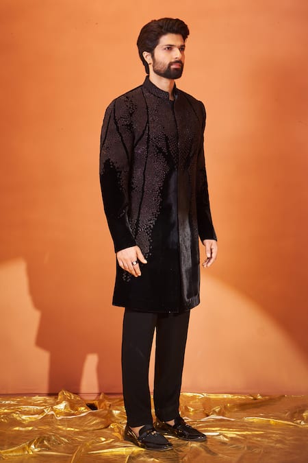 Buy_Millionaire_Black Velvet Embroidery, Zari French Knot Sherwani Set _Online_at_Aza_Fashions