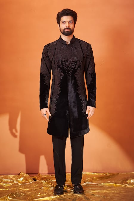 Millionaire Velvet Zari French Knot Sherwani Set 