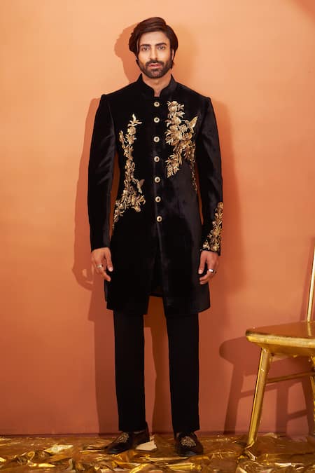 Millionaire Velvet Zari & Tiki Embroidered Sherwani Set 