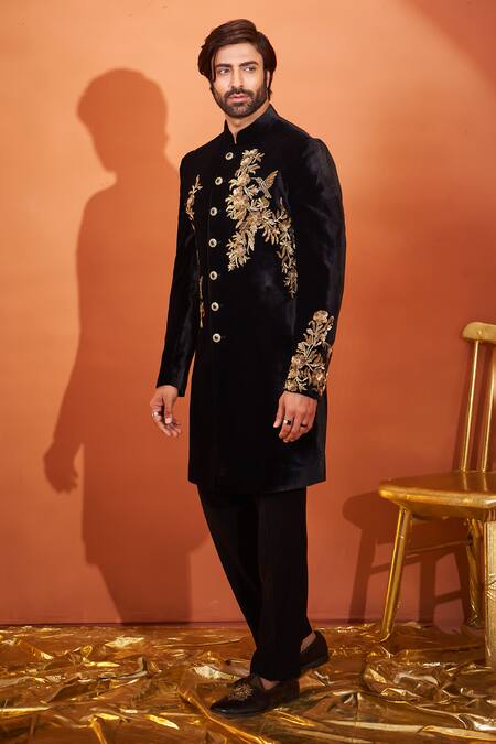 Buy_Millionaire_Black Velvet Zari, Embroidery And Tiki Sherwani Set _Online_at_Aza_Fashions