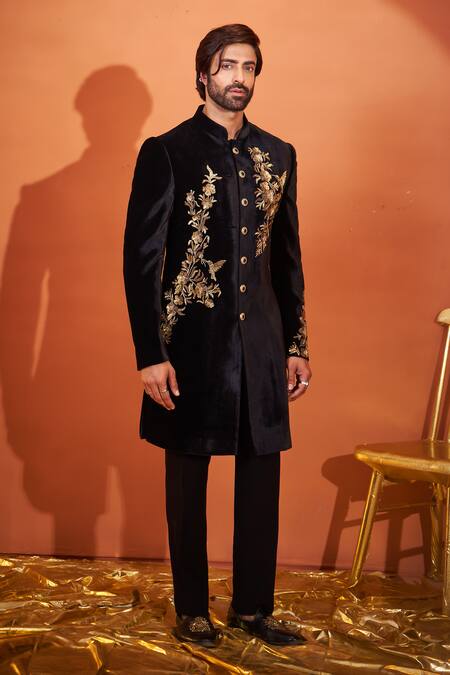 Shop_Millionaire_Black Velvet Zari, Embroidery And Tiki Sherwani Set _Online_at_Aza_Fashions
