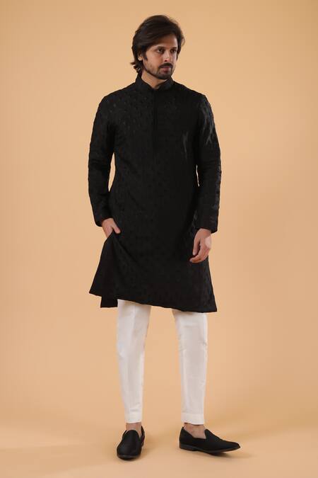 Millionaire_Black Tussar, Silk Embroidery Lucknowi Kurta Set _Online_at_Aza_Fashions