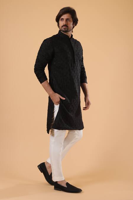 Buy_Millionaire_Black Tussar, Silk Embroidery Lucknowi Kurta Set _Online_at_Aza_Fashions