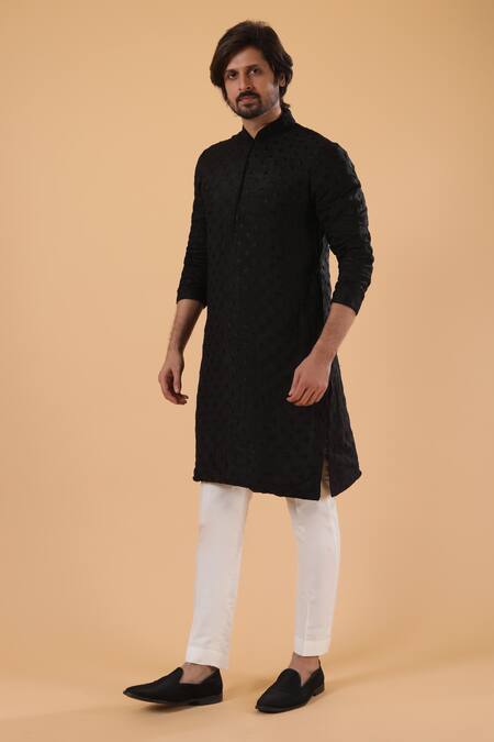 Shop_Millionaire_Black Tussar, Silk Embroidery Lucknowi Kurta Set _Online_at_Aza_Fashions