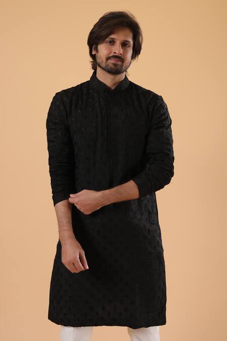 Millionaire_Black Tussar, Silk Embroidery Lucknowi Kurta Set _at_Aza_Fashions