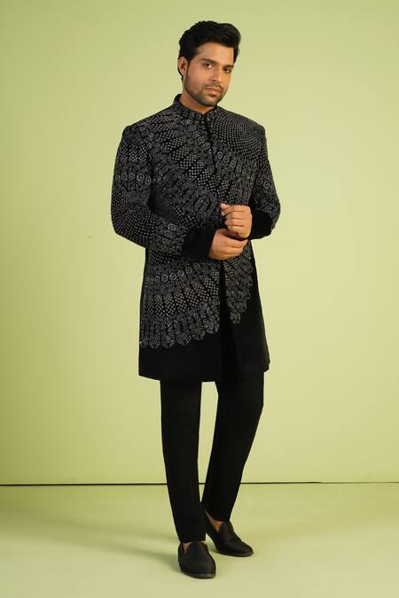 Buy Millionaire Black Suede Zari, Embroidery Sherwani Set Online at Aza Fashions Buy_Millionaire_Black Suede Zari, Embroidery Sherwani Set _Online_at_Aza_Fashions